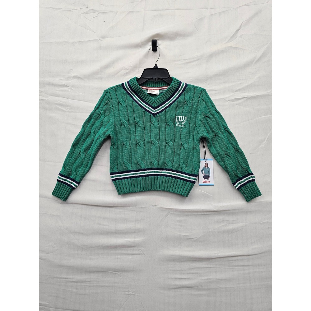 Wilson Girls V-Neck Cable Knit Sweater Green Cotton Blend Casual Size Small 6/6X